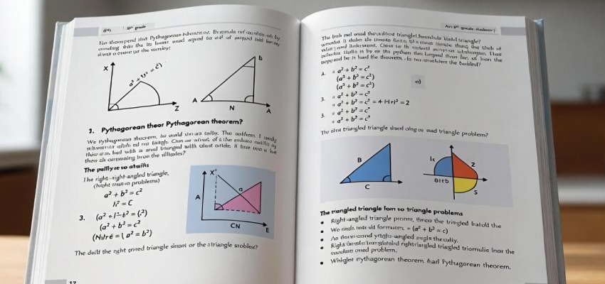 Nyitott matematika tankönyv egy asztalon, amelyen a Pitagorasz-tétel magyarázata és ábrái láthatók derékszögű háromszögekkel, a² + b² = c² képlettel, 8. osztályos tananyaghoz.