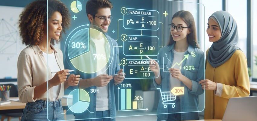 Egy átlátszó, interaktív kijelzőt használó négyfős csoport elemzi a képleteket és diagramokat, beleértve a 30% és 70% részleteket, valamint a százalékláb és alap számításokat, vásárlási ikonokkal és növekedési mutatókkal.