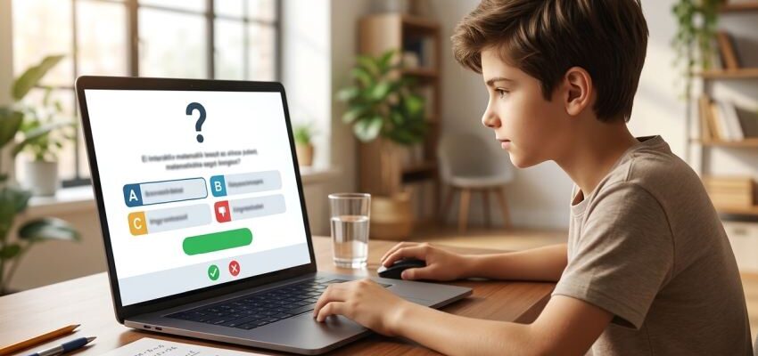 Diák tölti ki az interaktív 8. osztályos matematika felvételi tesztet laptopon