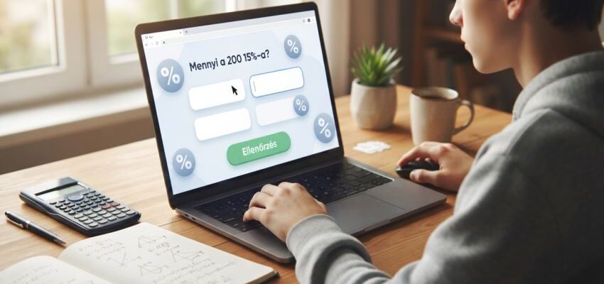 Diák százalékszámításos feladatokat old meg online egy laptopon